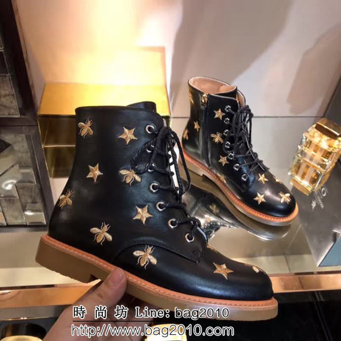 GUCCI古馳 2018經典款 黑色小牛皮刺繡蝴蝶 時尚潮流 中跟靴子 QZS2032